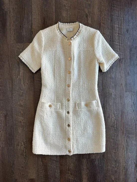 Sandro Molly Tweed Patch Pocket Minidress in Ecru - Size EU 36 - Picture 1 of 10
